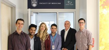 Dr. Allan Jones, Regional Associate Dean, Interior with SMP Kamloops students (L-R) Justin Lambert, Karan D’Souza, Sarah Miller, Rouzbeh Ghadiry-Tavi, and Colby Finney outside the new UBC education space at Royal Inland Hospital.